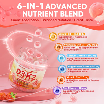 Vitamin D3 K2 Gummies 5000IU / 10,000 IU with 500mg Calcium + K2 (MK-7), Magnesium, Vitamin C & Zinc, For GLP-1 Users, Extra Strength - Ultimate Absorption for Bones, Muscles & Teeth, Vegan, 60Count