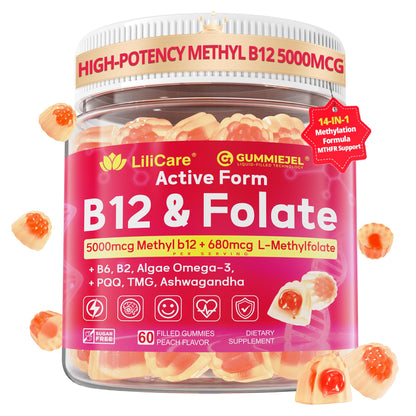Methyl B12 5000mcg & L-Methylfolate Gummies for Women Men - Active 5-MTHF & Methylted B-Complex Multivitamin Supplement + B6, Choline,TMG for Cellular Energy, Cognition, Methylation, MTHFR Gene, 60Cts
