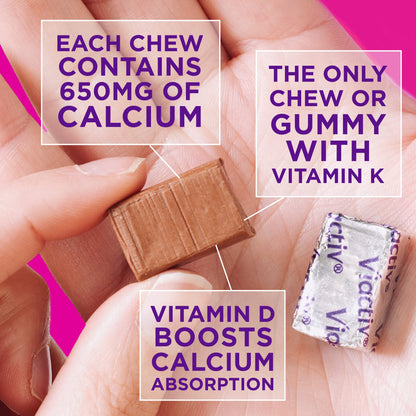 Viactiv Calcium + Vitamin D Supplement Soft Chews for Women & Men - Chewable Calcium for Bone Health Support, 650 mg per Serving, Vitamin D & K for High Absorption - 60 Count, Caramel