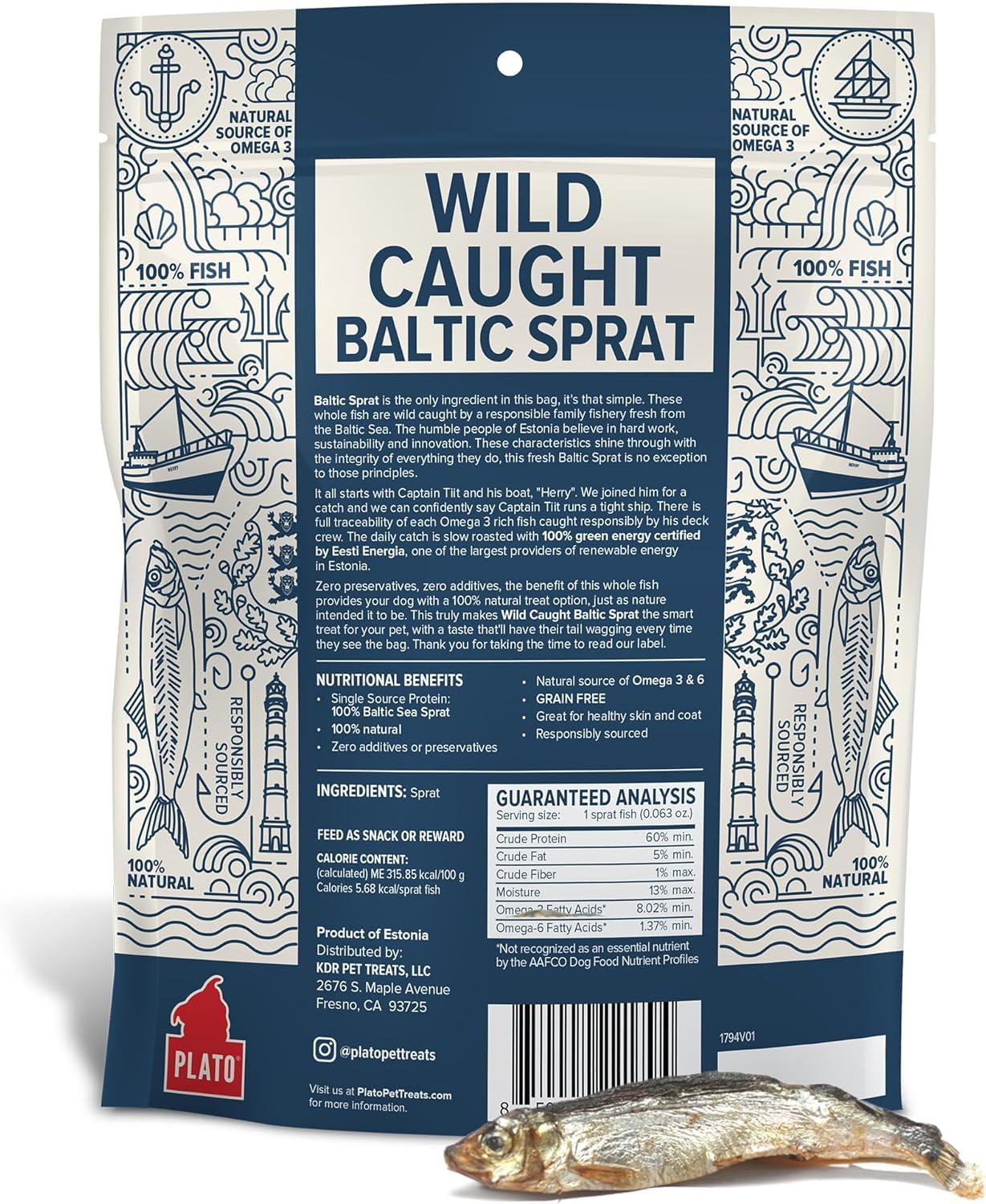 Plato Pet Treats Fish Dog Treats - Air-Dried, Single Ingredient Pet Treat - Omega 3 & 6 Fatty Acids to Support Skin and Coat - 100% Whole Fish - Wild Caught Baltic Sprat - 3 oz - 2 Pack