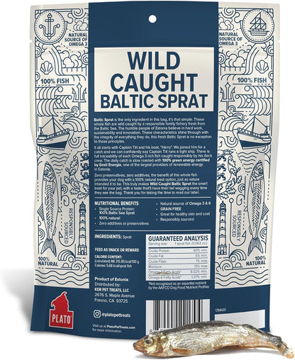 Plato Pet Treats Fish Dog Treats - Air-Dried, Single Ingredient Pet Treat - Omega 3 & 6 Fatty Acids to Support Skin and Coat - 100% Whole Fish - Wild Caught Baltic Sprat - 3 oz - 2 Pack
