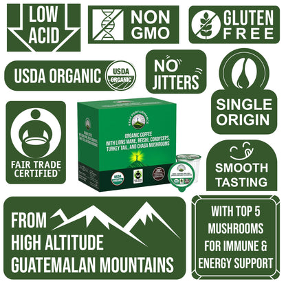 Organic Mushroom Coffee Pods with Lion's Mane, Reishi, Cordyceps, Turkey Tail, and Chaga Mushrooms. High Altitude, Low Acid, Smooth Tasting, Fair Trade, Instant Nootropic Coffee (Medium Roast Ground)