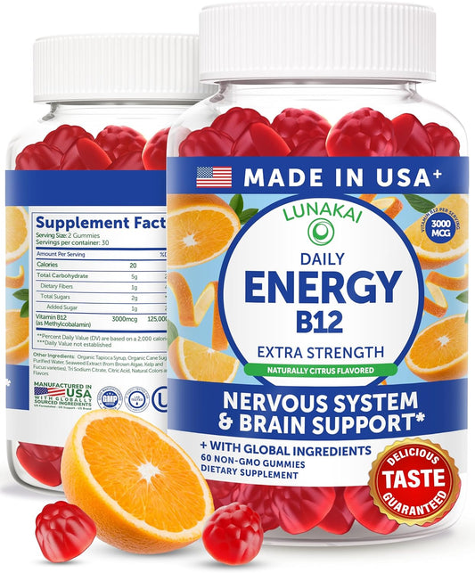 Lunakai USA Made Vegan Energy Gummies – Daily Energy Supplements, 60ct | Non-GMO 3000mcg Vitamin B12 Gummies for Women & Men – for Home or On‑the‑Go Use