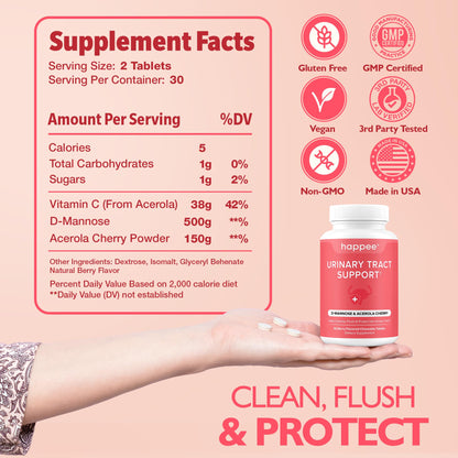 Happee Urinary Tract Health Supplement for Women & Men, Fast-Acting UTI Relief and Prevention, 500mg D-Mannose & Antioxidants, Supports Kidney and Bladder Health, Berry Flavor, 60 Chewables