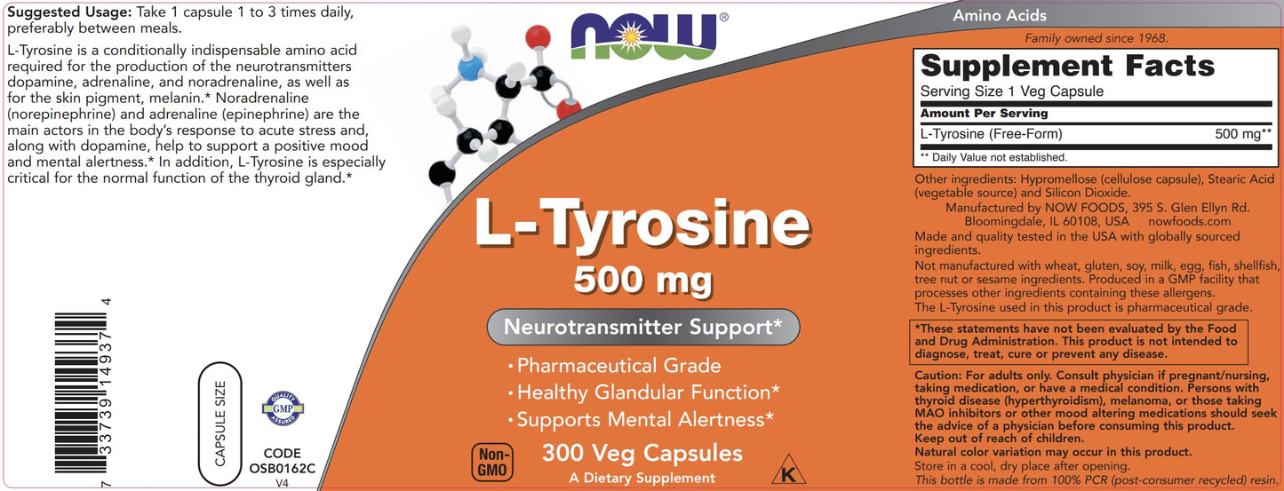 NOW Supplements, L-Tyrosine 500 mg, Supports Mental Alertness*, Neurotransmitter Support*, 120 Capsules