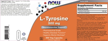 NOW Supplements, L-Tyrosine 500 mg, Supports Mental Alertness*, Neurotransmitter Support*, 120 Capsules