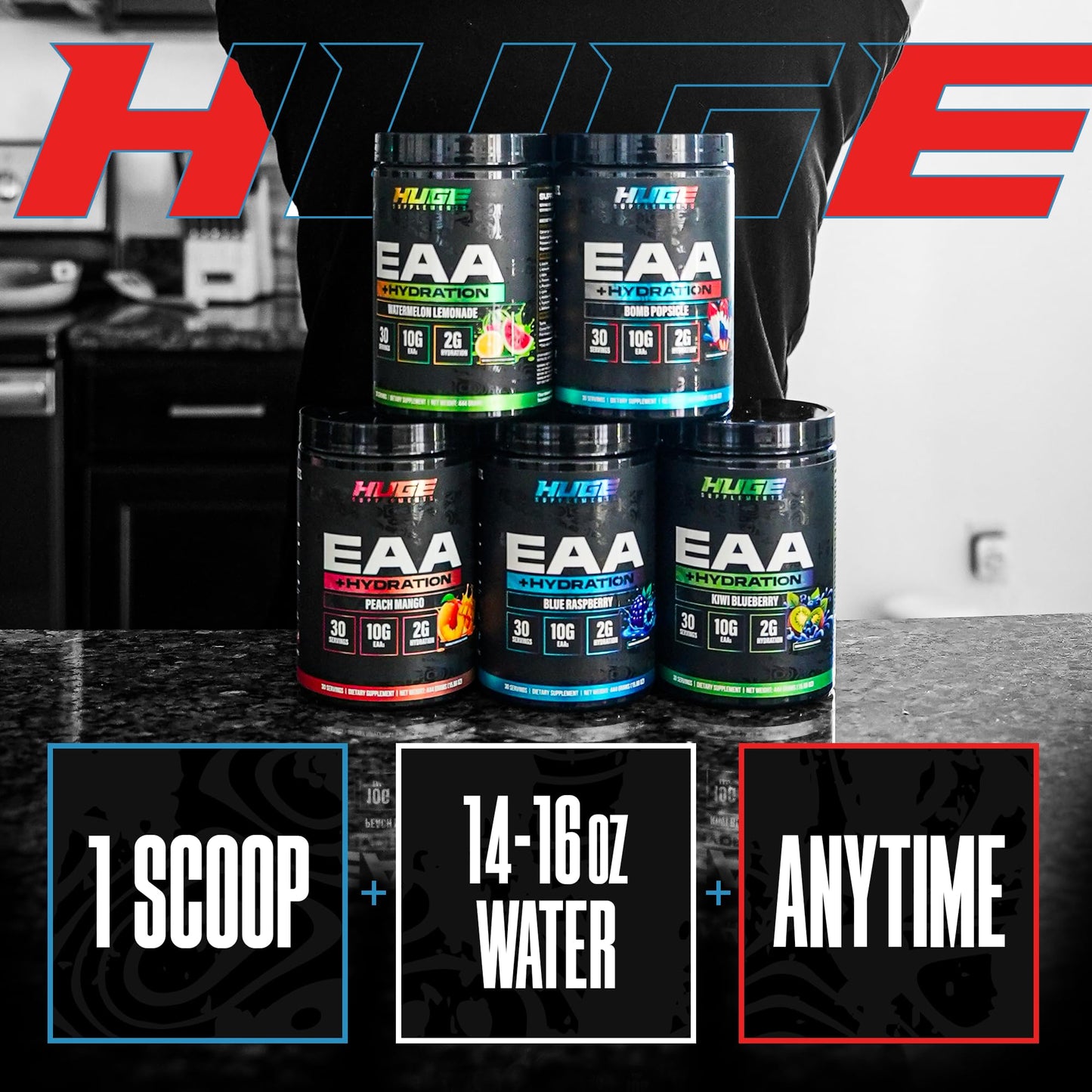 Huge EAA + Hydration, Essential Amino Acids Powder, EAAs & BCAAs, Intra & Post Workout Recovery Powder, Muscle Growth, Recovery & Performance, 10g EAAs & Electrolytes, Kiwi Blueberry, 30 Servings