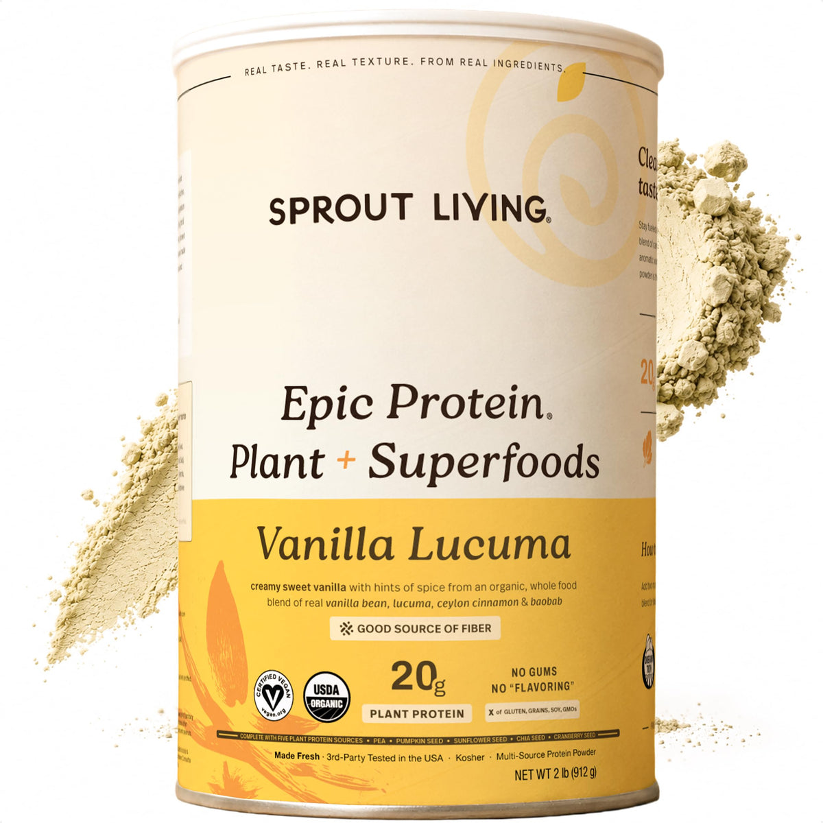 Sprout Living Epic Protein, Plant Based Protein & Superfoods Powder, Vanilla Lucuma Powder | 20 Grams Organic Protein Powder, Vegan, Non Dairy, Non-GMO, Gluten Free, Low Sugar (1 Pound, 12 Servings)