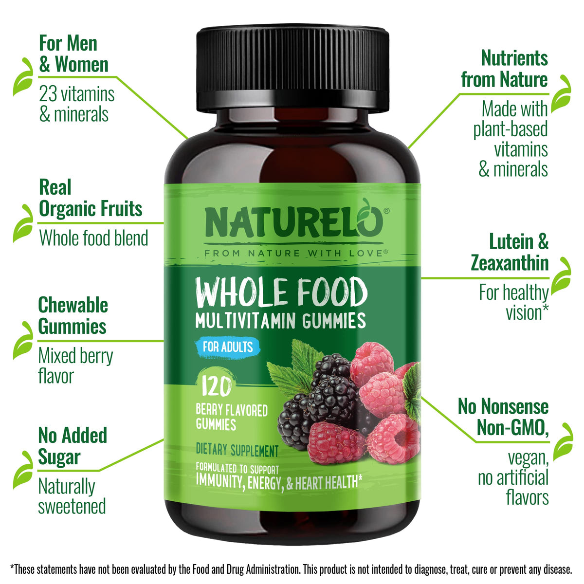NATURELO Whole Food Vitamin Gummies for Adults - Chewable Gummy Multivitamin