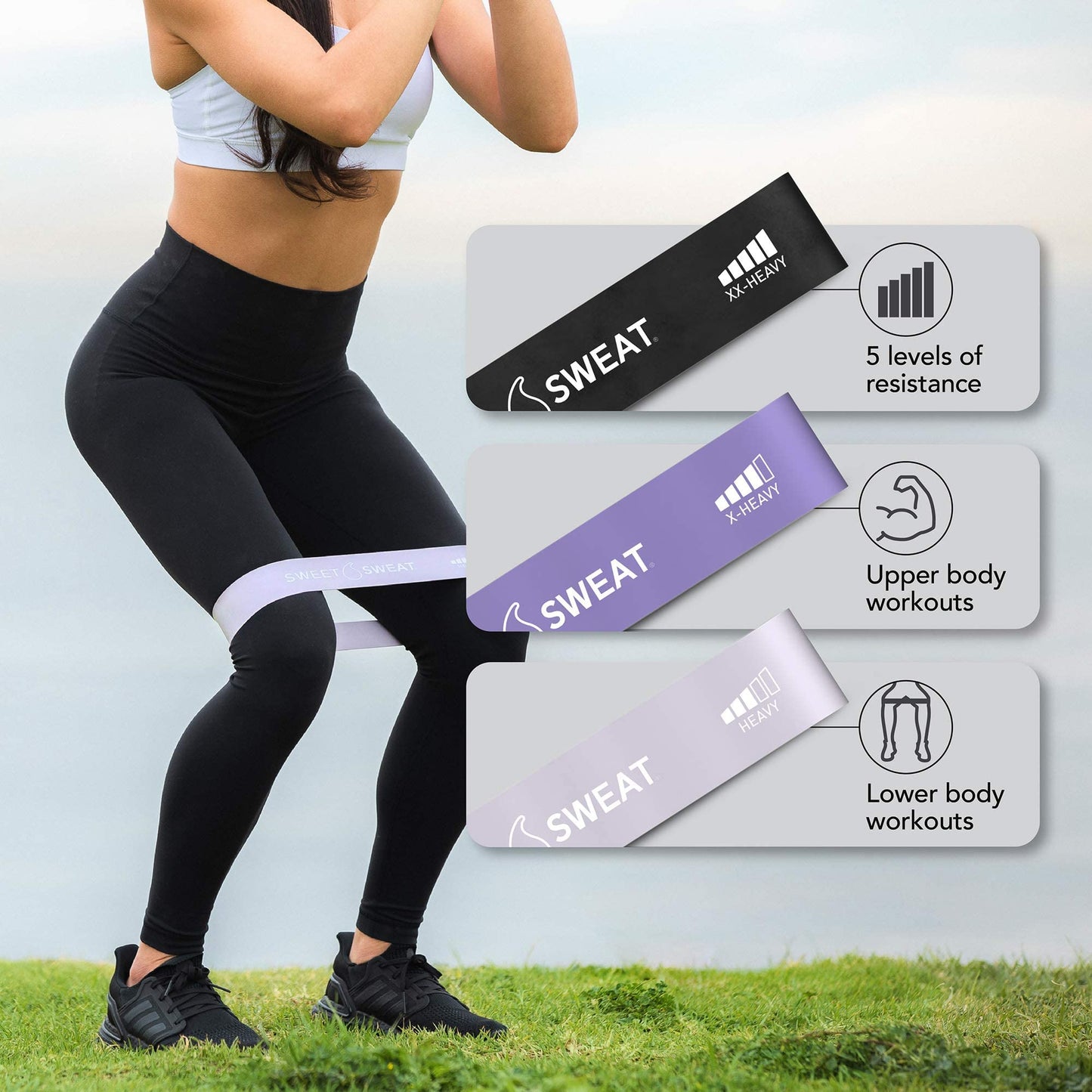 Sweet Sweat Mini Loop Resistance Bands - Set of 5 | Exercise Hip Booty Bands for Squats, Lunges, Physical Therapy, Yoga, Pilates, Rehab & Home or Gym Workouts