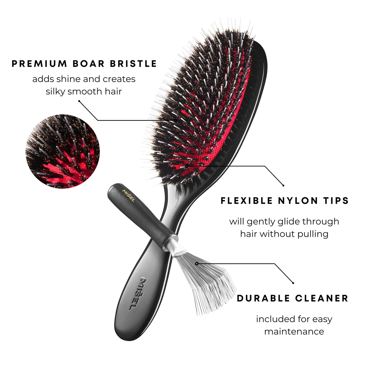 MISEL Boar Bristle Hair Brush and Brush Cleaner Bundle for Women and Men | Detangles