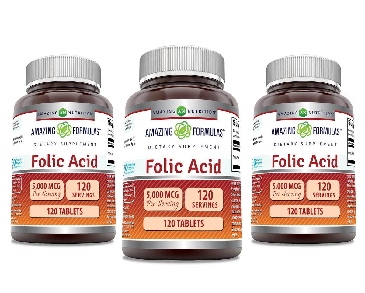 Amazing Formulas Folic Acid 5000 Mcg per Serving | Tablets Supplement | Non-GMO | Gluten-Free | Made in USA (1 Pack | 120 Count)