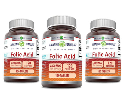 Amazing Formulas Folic Acid 5000 Mcg per Serving | Tablets Supplement | Non-GMO | Gluten-Free | Made in USA (1 Pack | 120 Count)