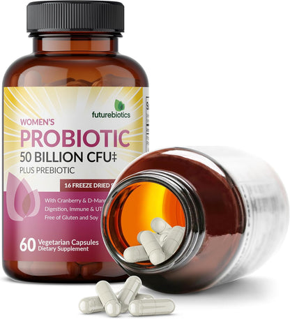Futurebiotics Women's Probiotic 50 Billion CFU + Prebiotic with Cranberry & D-Mannose – Digestion Immune and Urinary Tract Support, Non-GMO, 60 Vegetarian Capsules