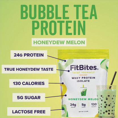 FitBites Boba Tea Protein Whey Protein Isolate (Honeydew Melon), 5.9g BCAAs, Gluten