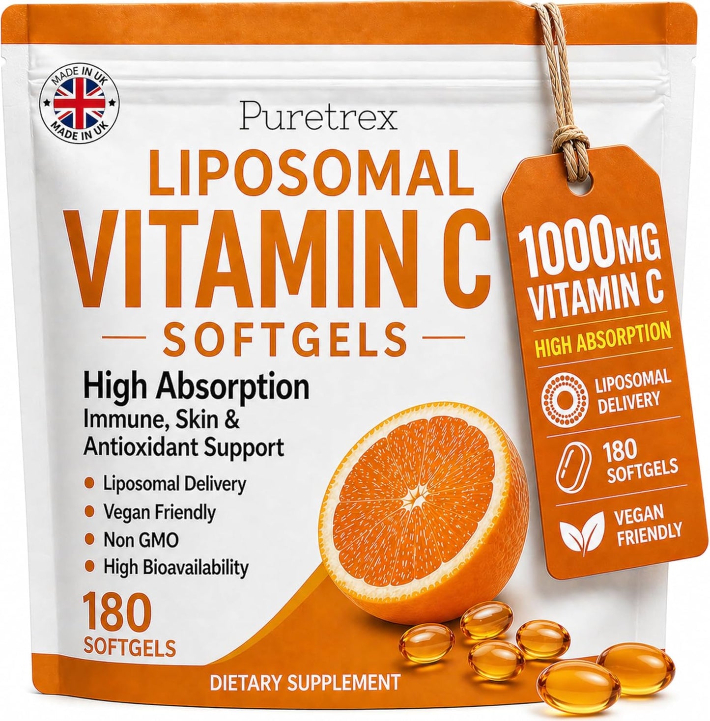 Liposomal Vitamin C 1000mg Softgels, 180 Vegan Softgels, High Absorption Vitamin C Supplement with Zinc, Acerola Cherry, Quercetin & BioPerine, Immune, Skin & Antioxidant Support, Made in UK