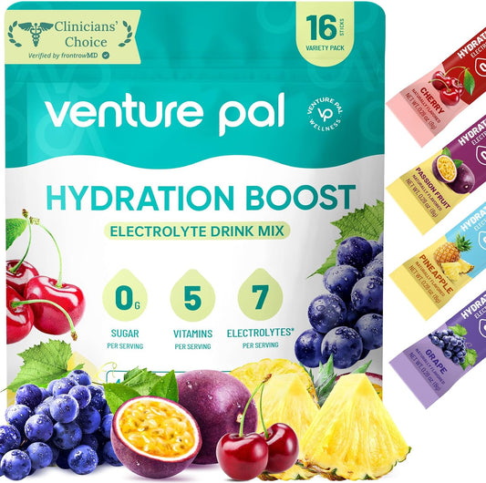 Venture Pal Sugar Free Electrolyte Packet, Liquid Daily IV Hydration Powder | 5 Vitamins & 7 Electrolytes, Instantly Hydration Packets for Sports & Party Recovery, Vegan, Keto Friendly, 16 Sticks