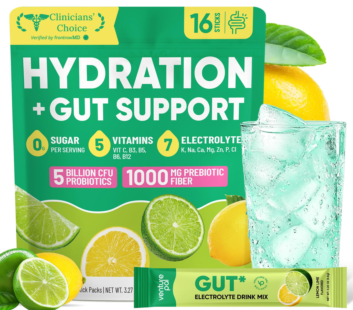 Venture Pal Sugar Free Hydration Packets + Gut Health Electrolytes Powder | Liquid Daily IV with 7 Electrolytes, 5 Vitamins, Probiotics & Fiber for Dehydration Relief and Gut Health Support