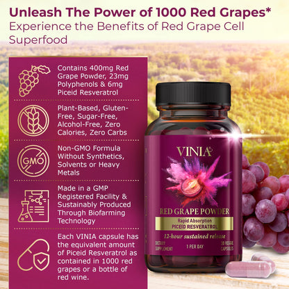 VINIA 12-Hour Sustained Release Piceid Resveratrol Supplement. Nitric Oxide Supplement