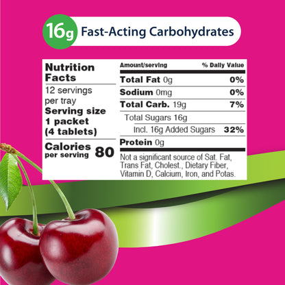 TRUEplus Soft Tabs Glucose Tablets, Cherry Pop Flavor, 4 Count, 12 Packs | Chewable Tablets, 16g Fast-Acting Carbohydrates, Fat Free, Gluten Free, Boosts Energy, Great Tasting and Easy to Use
