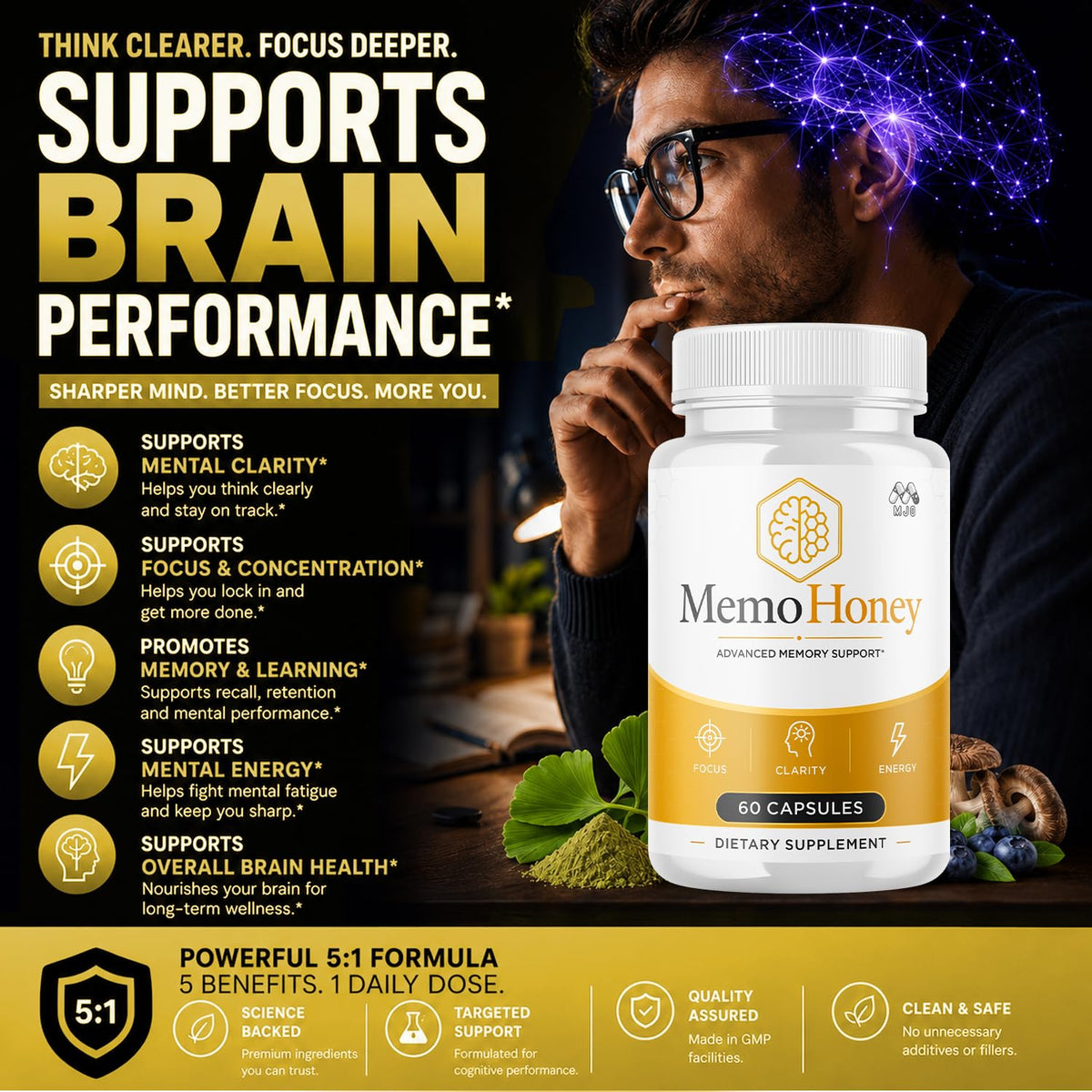Memo Honey Capsules, MemoHoney Formula Supplement Pills 5-Pack 300 Capsules