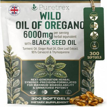 Wild Oil of Oregano with Black Seed Oil 300 Softgels, Oregano Oil Supplement with Turmeric, Ginger, Olive Leaf, MCT Oil & Black Pepper Extract, Vegan Non GMO, Made in UK