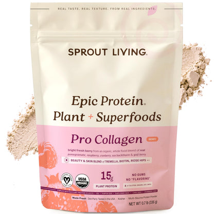Sprout Living Epic Protein, Plant Based Protein & Superfoods Powder, Vanilla Lucuma Powder | 20 Grams Organic Protein Powder, Vegan, Non Dairy, Non-GMO, Gluten Free, Low Sugar (1 Pound, 12 Servings)