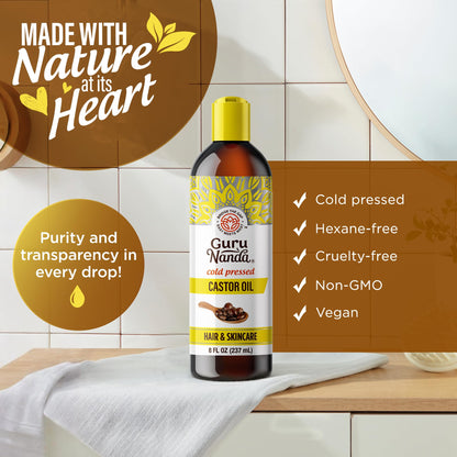 GuruNanda Castor Oil USDA Certified Organic, Pure & Natural, 8 fl oz