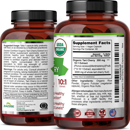 Zazzee USDA Organic Tart Cherry 10:1 Extract, 120 Vegan Capsules, 4 Month Supply, Montmorency Cherry, Daily Wellness Antioxidant Support, Organic Herbal Supplement, All-Natural, Non-GMO, Made in USA