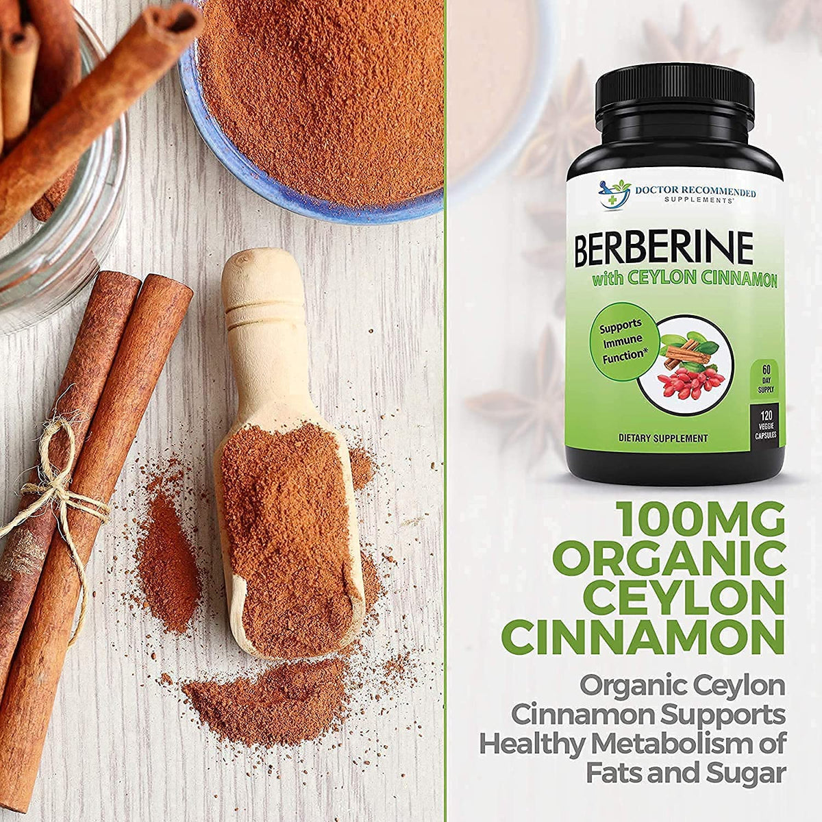 DOCTOR RECOMMENDED SUPPLEMENTS Berberine with Ceylon Cinnamon - 1200mg Berberine & 100mg Organic Ceylon Cinnamon - 120 Veggie Capsules, Healthy Immune System & Gastrointestinal Wellness
