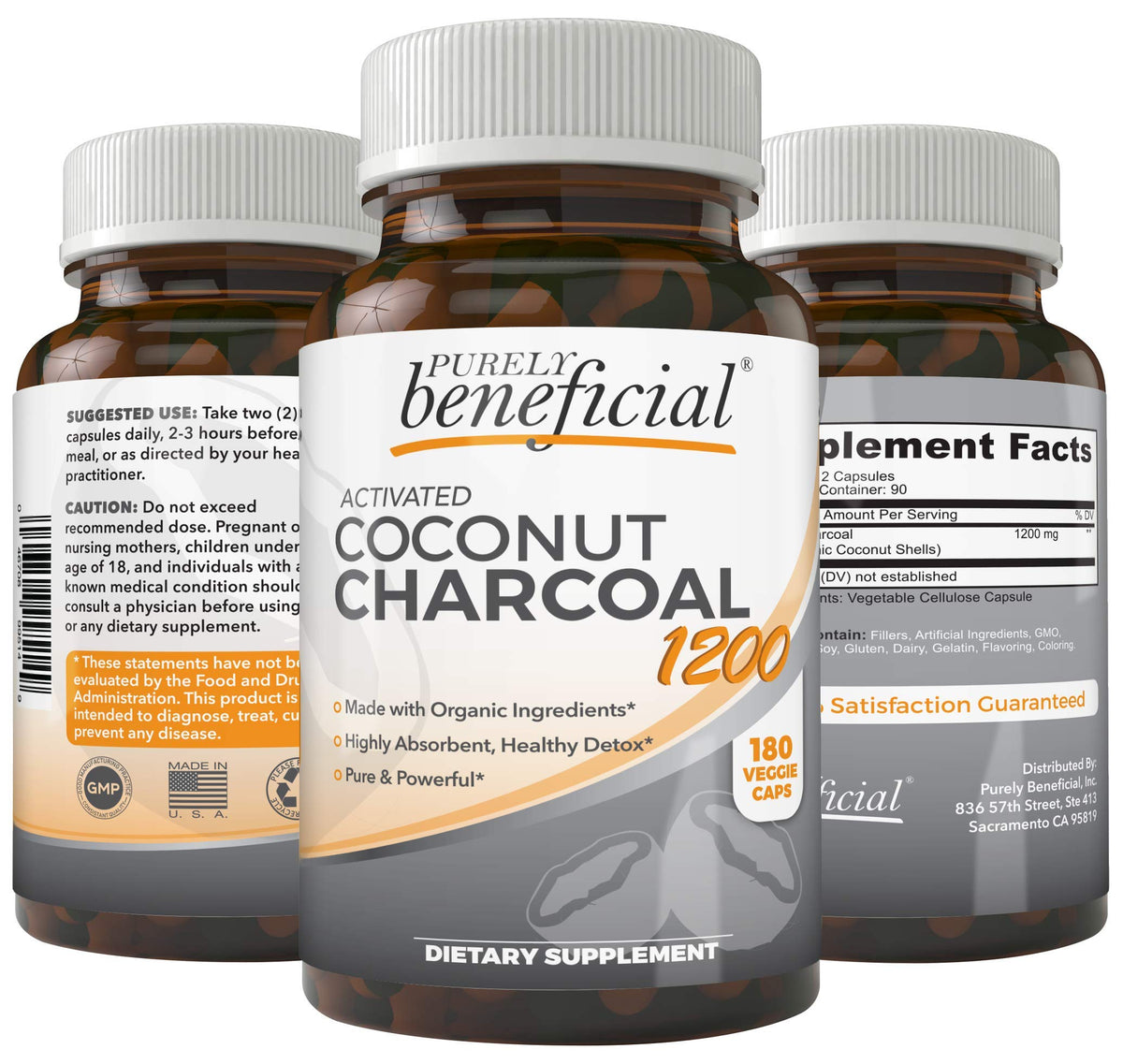 PURELY beneficial Activated Coconut Charcoal 1200mg, 180 Capsules - Pills for Digestive 