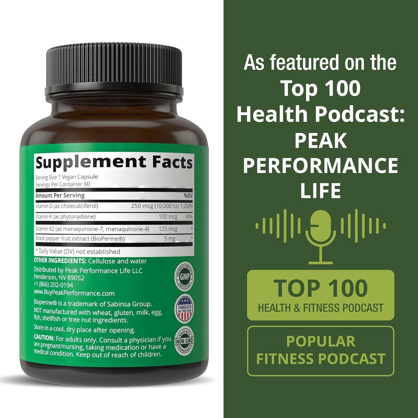 Peak Performance Advanced Vitamin D 10000 IU with All 3 Types of Vitamin K - 10,000 Vitamin D3 and Vitamin K2, K1, MK-7 (MK7), MK4 Supplement - 60 Small and Easy to Swallow Capsules