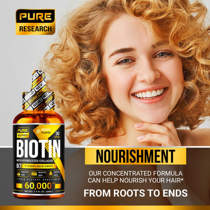 PURE RESEARCH Liquid Biotin & Collagen Hair Growth Drops 60,000mcg – Biotin and Liquid
