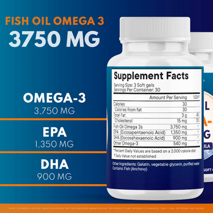 Triple Strength Omega 3 Fish Oil 3750 mg - EPA & DHA - Over 3000mg Omega-3 Fatty Acids - 1350mg EPA + 900mg DHA - Best Essential Fatty Acids, Burpless Fish Oil - 180 Count