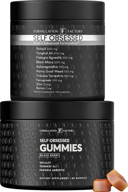 Formulation Factory Self Obsessed Capsules + Shilajit Gummies (Bundle) – Men's Testosterone Booster with Shilajit, Tongkat Ali & Fadogia Agrestis, 10-in-1 Daily Capsule Plus Black Berry Gum