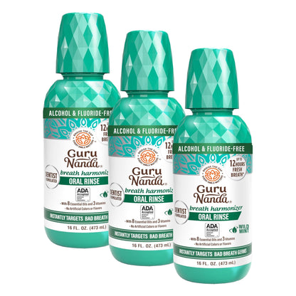 GuruNanda Fresh Breath Mouthwash – 12-Hour Fresh Breath & Helps Fight Bad Breath – ADA Accepted, Alcohol & Fluoride-Free Oral Rinse, Wild Mint - 16 oz, Pack of 2