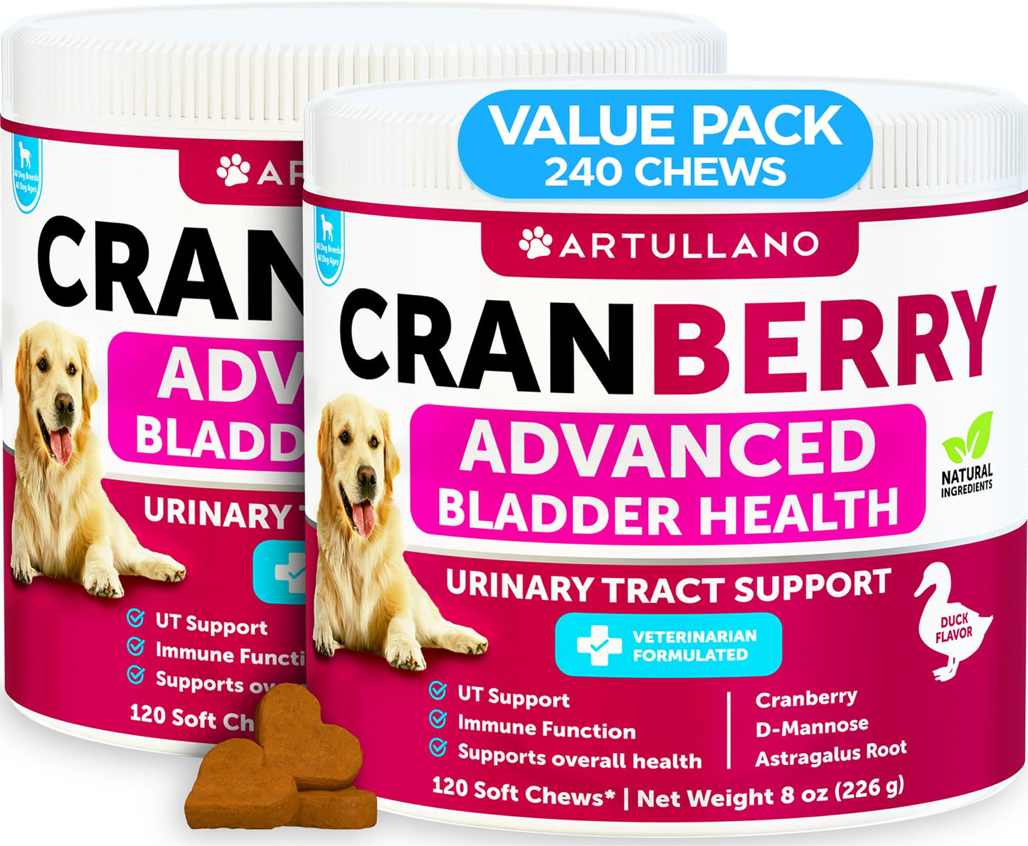 Dog UT Treats - Cranberry Chews for Dogs - Urinary Tract & Bladder Support Supplement with Natural Cranberry Extract - Tasty 120 Soft Bites for Daily Wellness with Fish Oil, Pumpkin, D-Mannose