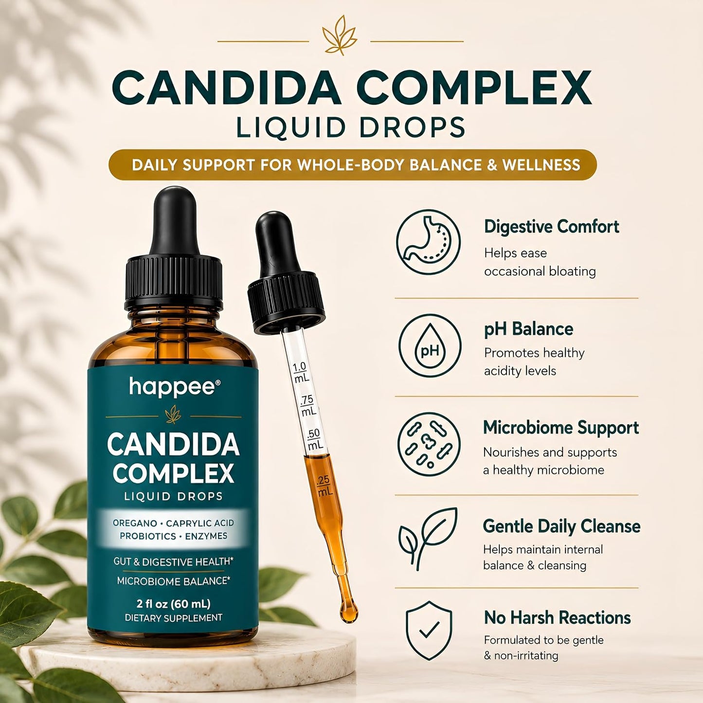 Happee Candida Cleanse Drops 10-in-1 Gut & Oral Detox Support Men Women 2oz | Yeast & Overgrowth Support - Oregano, Caprylic Acid & Probiotics - Flora Balance & Digestive Comfort - 60 Servings