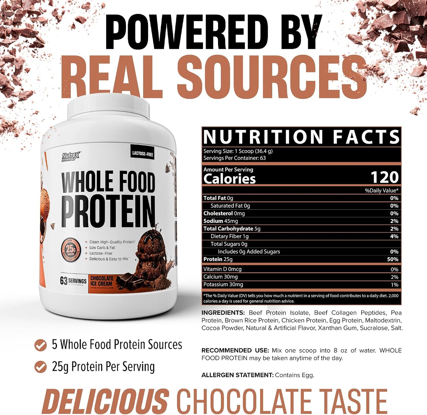 Whole Food Protein Powder - 25g Protein per Scoop, Lactose Free Protein with Beef Isolate, Collagen, Pea, Brown Rice, Chicken & Egg Protein, 0G Sugar, Keto Friendly, Chocolate Ice Cream 63 Serv