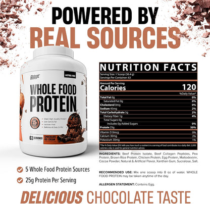 Whole Food Protein Powder - 25g Protein per Scoop, Lactose Free Protein with Beef Isolate, Collagen, Pea, Brown Rice, Chicken & Egg Protein, 0G Sugar, Keto Friendly, Chocolate Ice Cream 63 Serv