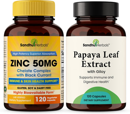 SANDHUHERBALS Zinc 50mg Bundle with Papaya Leaf Extract Capsules (120 Count Each) | Supports Immune Health for Men & Women