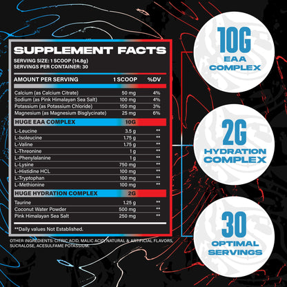 Huge EAA + Hydration, Essential Amino Acids Powder, EAAs & BCAAs, Intra & Post Workout Recovery Powder, Muscle Growth, Recovery & Performance, 10g EAAs & Electrolytes, Kiwi Blueberry, 30 Servings