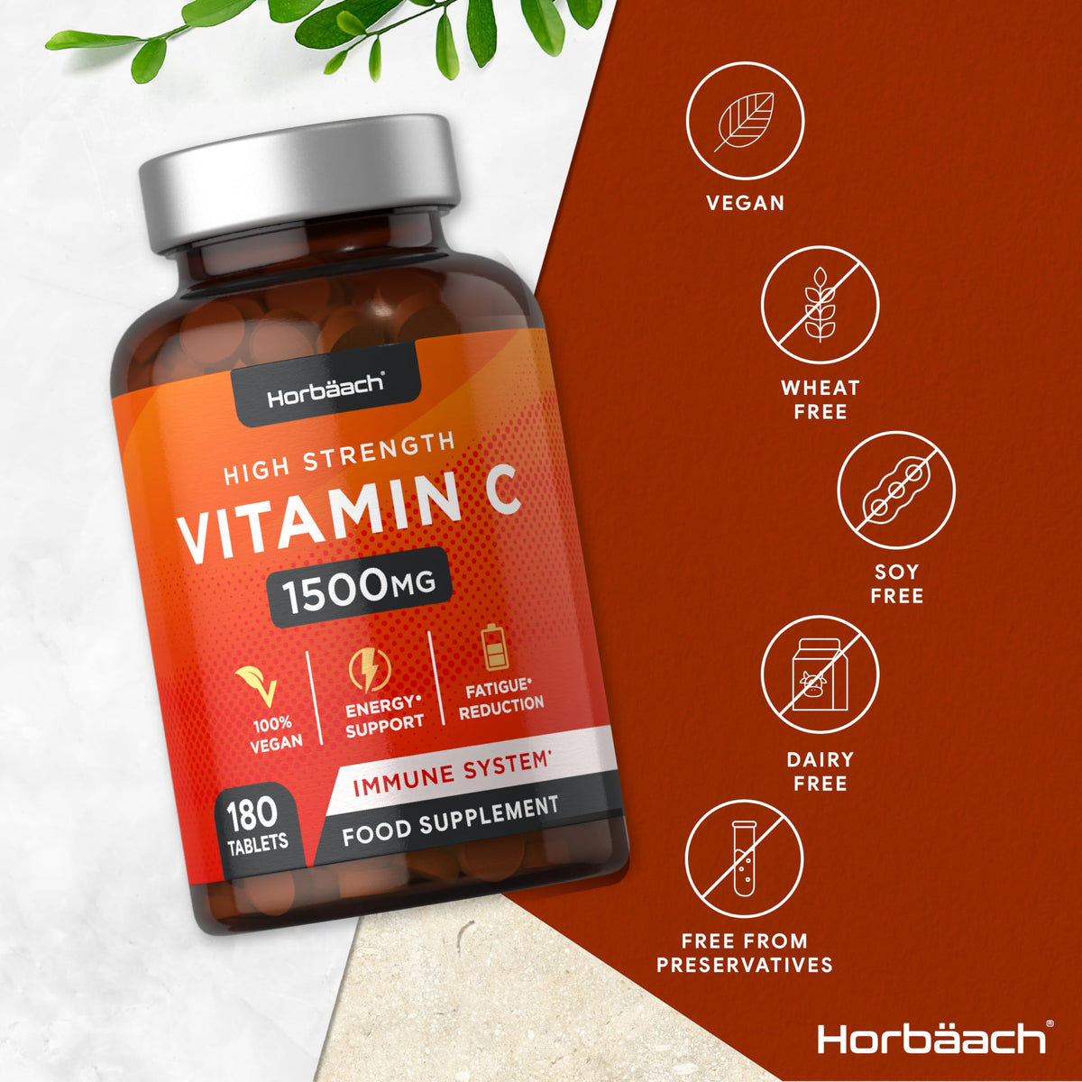 Vitamin C Tablets 1500mg | 180 Count | High Strength Vegan Supplement | No Artificial