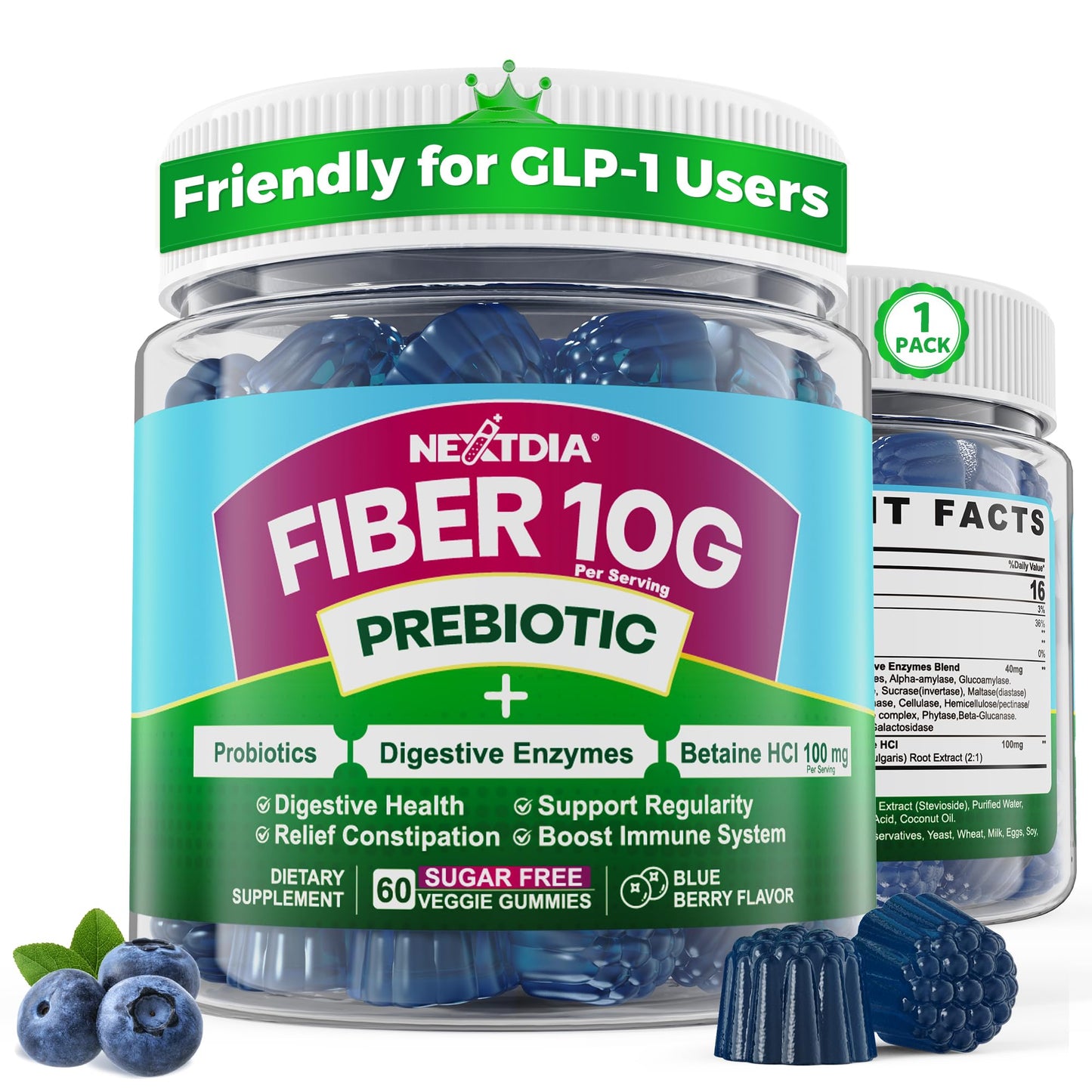 Fiber Gummies for Adults, GLP-1 Friendly 10g Prebiotic Fiber Supplement w/ Digestive Enzymes, Probiotics & 100mg Betaine for Digestive & Gut Health and Regulate Bowel Movement, Vegan, Sugar Free,120ct