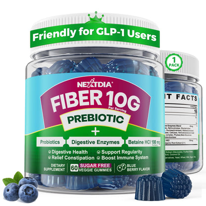 Fiber Gummies for Adults, GLP-1 Friendly 10g Prebiotic Fiber Supplement w/ Digestive Enzymes, Probiotics & 100mg Betaine for Digestive & Gut Health and Regulate Bowel Movement, Vegan, Sugar Free,120ct