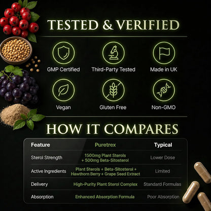 Plant Sterols Complex with Beta-Sitosterol, CoQ10, Hawthorn Berry & Grape Seed Extract, 120 Vegan Capsules, Cardiovascular Wellness & Cholesterol Balance Daily Support, Non-GMO, UK Made