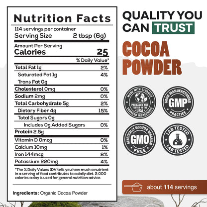 Wild Foods Organic Cocoa Powder Unsweetened for Baking & Cooking, Raw Cacao Powder, Organic Single-Origin Non-Dutched Dark Cocoa, 100% Pure, Non-GMO, Vegan Keto Superfood, Purity Tested, 12 oz