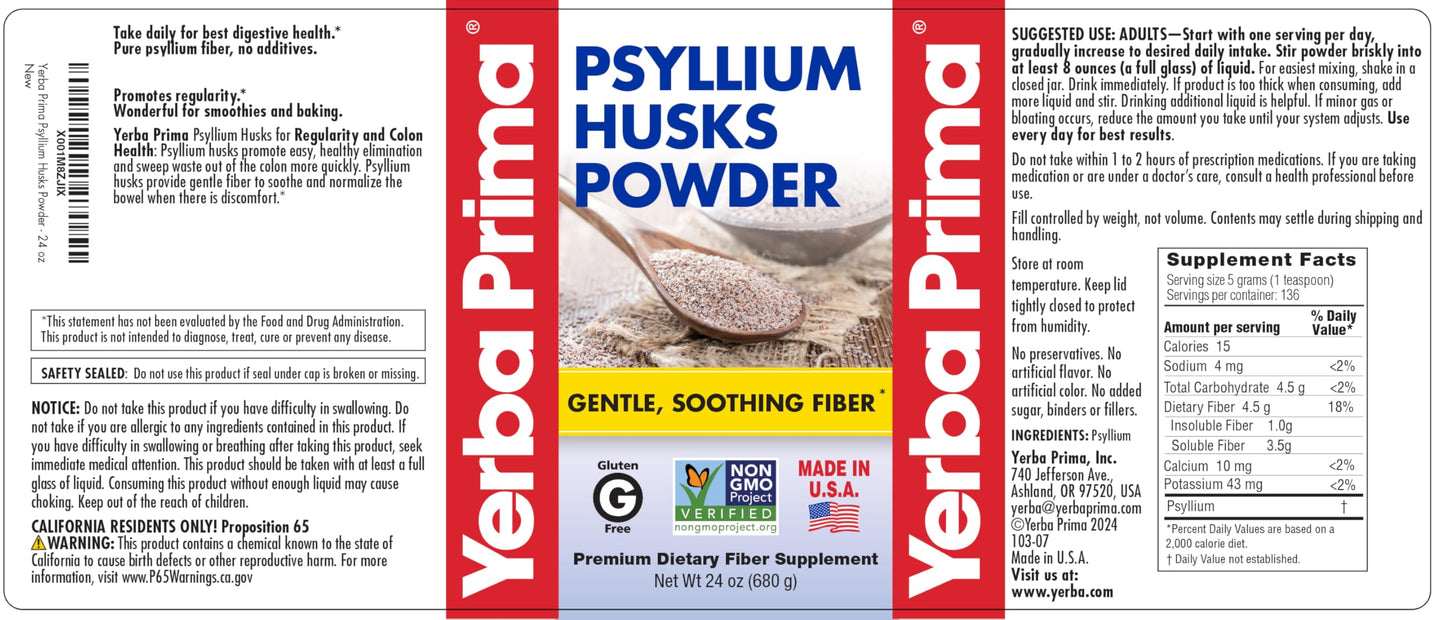 Yerba Prima Psyllium Husk Powder - 24 oz - Fine Ground, Unflavored, Sugar Free - Natural Fiber Supplement - Also for Baking - Contains Both Soluble & Insoluble Bulk for Regularity Support