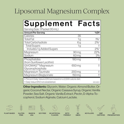 CYMBIOTIKA Liposomal Magnesium Complex for Sleep, Calm, Relax & Recovery | 3 forms: taurate, bisglycinate & glycerophosphate. Highly absorbable, stomach-friendly. Vanilla Almond, 28 pouches. Vegan.