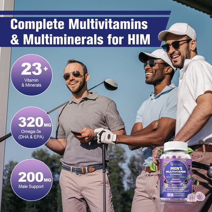 Multivitamin for Men, Mens Multivitamins Gummies w/Omega-3, Probiotics, Inositol, Folate, Biotin, Zinc, Vitamins A, C, D, E, B, - Support Heart, Brain, Muscle, Energy, Sugar-Free, Blackberry Flavor